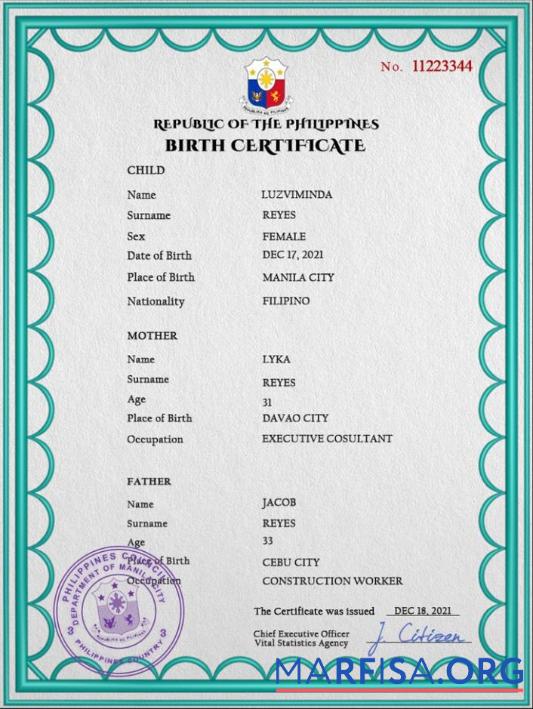 Printable Philippines birth certificate PSD template